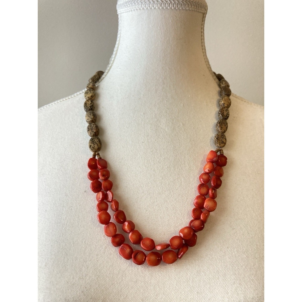 Artisan Bohemian‎ Red Orange Beaded Necklace Tan Speckled Round Beads Layered